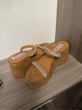 Steve Madden Tan Cork Platform Sandals with Braided Crystal Straps